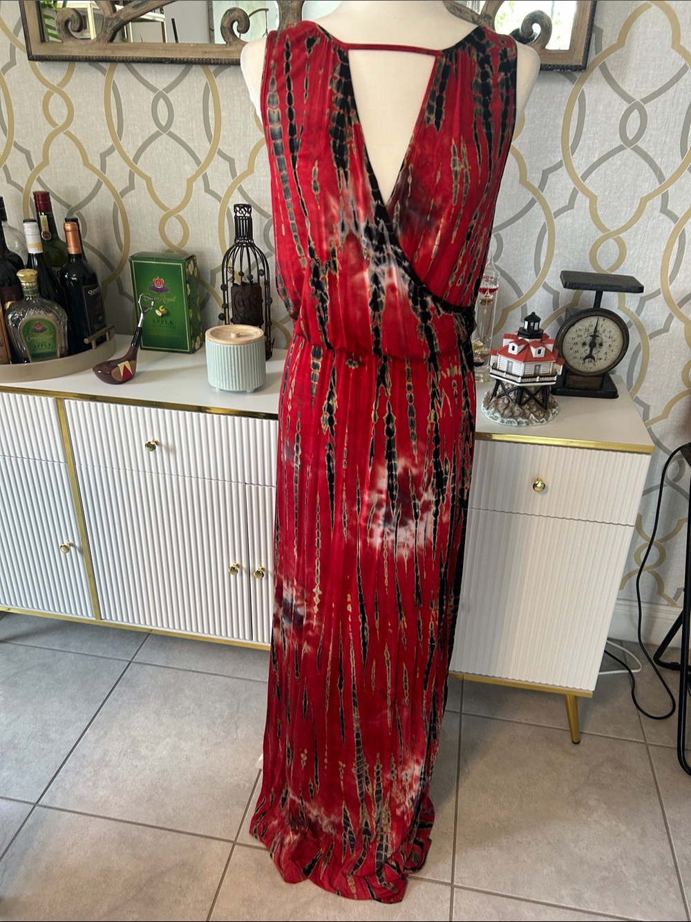 Green Dragon Red and Black Sleeveless Tie-Dye Maxi Dress